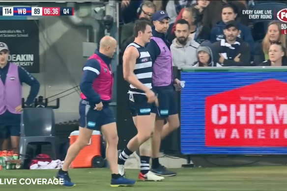 Geelong star Patrick Dangerfield limps off the field with an ankle injury late in a win over the Western Bulldogs.