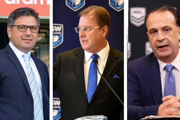 Cronulla Sharks CEO Dino Mezzatesta, NSWRL boss Dave Trodden and ARLC chairman Peter V’landys.