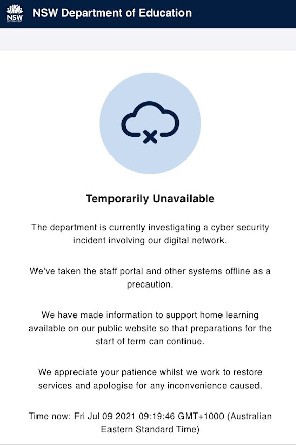 The NSW Department of Education message displayed on the staff portal regarding the recent cyber attack.