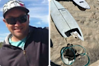 Mel Ismail (left) and the damage done to his board in the shark attack.