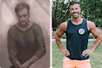 Fitness entrepreneur Sam Wood and a court sketch of his appearance in Maroochydore Magistrates Court (left).