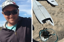Mel Ismail (left) and the damage done to his board in the shark attack.