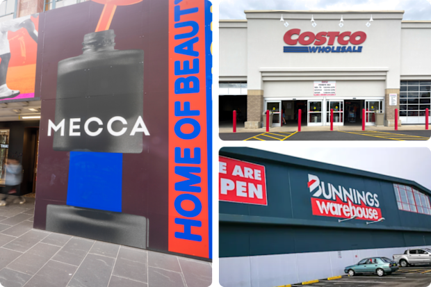 Mecca, Costco and Bunnings Warehouse storefronts