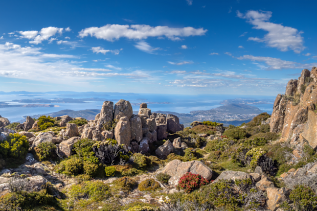 View of the city of Hobart, its harbor and the Derwent river estuary from the summit of Mt. Wellington, Tasmania, Australia.