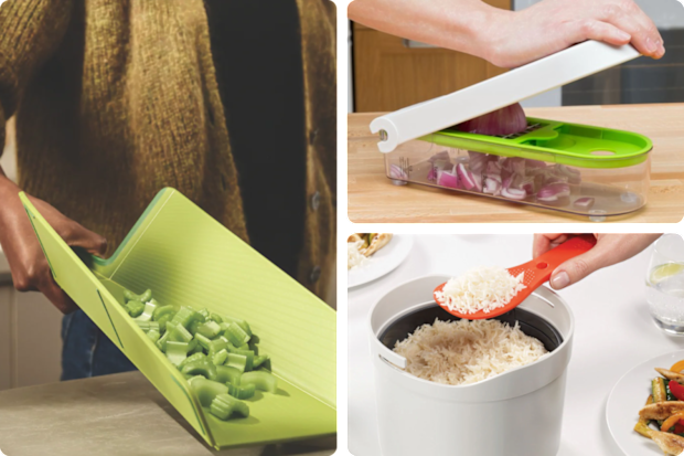 Joseph Joseph foldable chopping board, microwavable rice cooker, and vegetable dicer. 