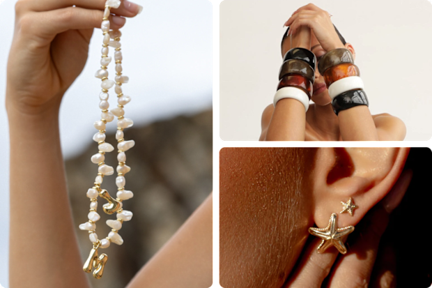 Pearl necklace with initial beds, multicoloured bangles, and a gold starfish stud earring. 