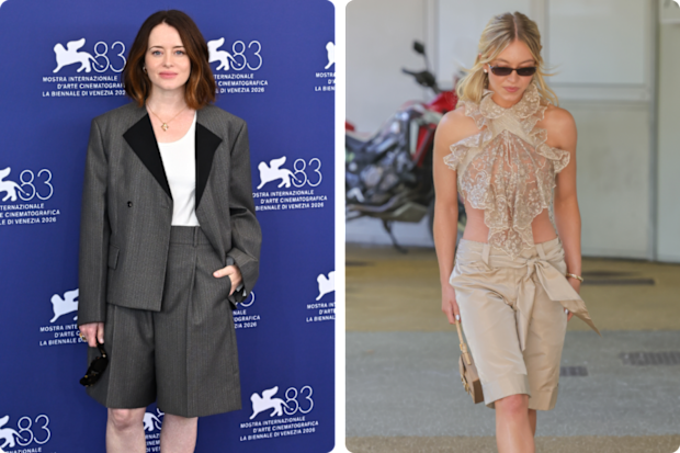Claire Foy and Sydney Sweeney wearing Bermuda shorts at the 2026 Venice Film Festival