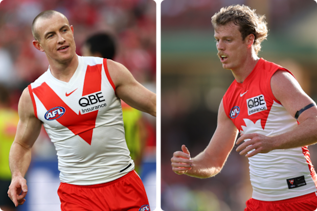 Chad Warner and Nick Blakey of the Sydney Swans.