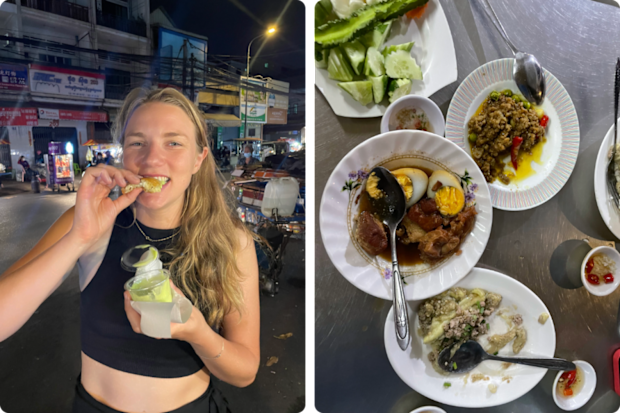 Woman on a street at night eating a pastry, and a photo of three dishes on a table filled with food