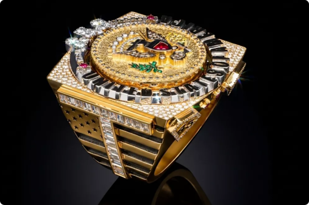 The ring is encrusted in hundreds of diamonds.