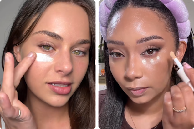 Content creators Ava Shaw (@avashaw.ty) and Kayla Marie (@kaylasilvamakeup) demonstrate the highlighter under eyes technique