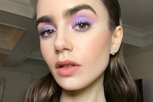 Lily Collins wearing purple eyeshadow