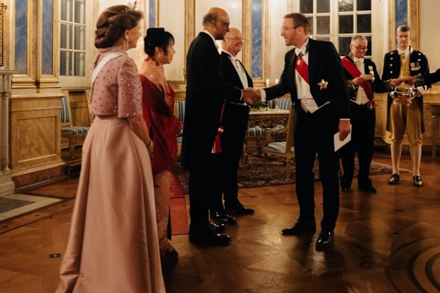 State banquet at Stockholm Palace, Sweden with King Carl XVI Gustaf and Queen Silvia hosting Singapore’s President Tharman Shanmugaratnam and his wife Jane Ittogi.