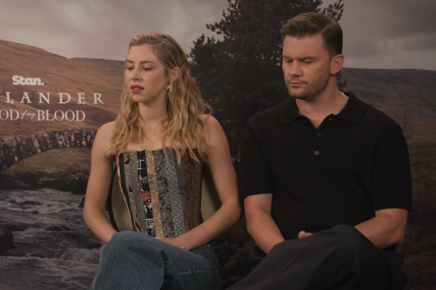 Hermione Corfield and Jeremy Irvine at the Outlander: Blood Of My Blood junket.