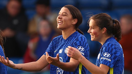 Sam Kerr celebrates after completing her first-half hat-trick against Birmingham.