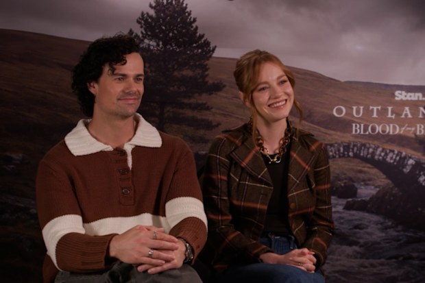 Hermione Corfield and Jeremy Irvine at the Outlander: Blood Of My Blood junket.