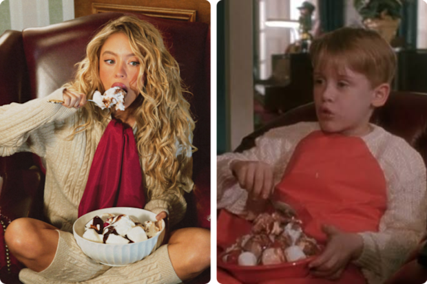 Sydney Sweeney dressed as Kevin McCallister in a new holiday campaign for her lingerie brand Syrn.