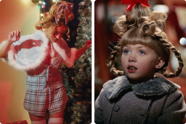 Sydney Sweeney dressed as Cindy Lou Who in a new holiday campaign for her lingerie brand Syrn.