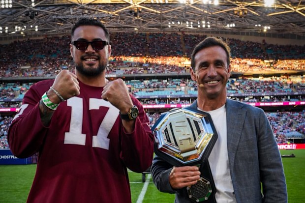 Carlos Ulberg looked thrilled to be at the NRL grand final with the UFC team.