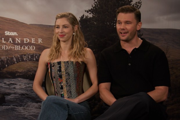 Hermione Corfield and Jeremy Irvine at the Outlander: Blood Of My Blood junket.