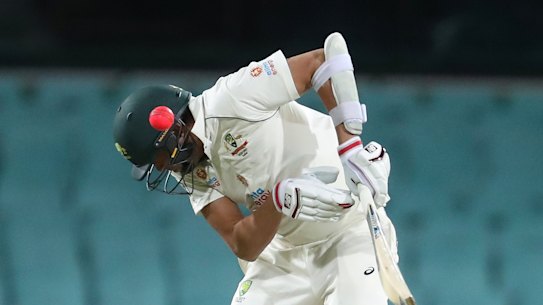 Harry Conway is struck by a short ball playing for Australia A at the SCG last Friday night.
