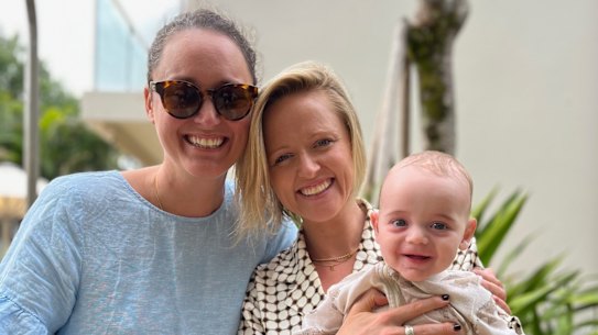 Baby Angus, his surrogate mother Jennifer McCloy and his biological mother, Edwina Peach