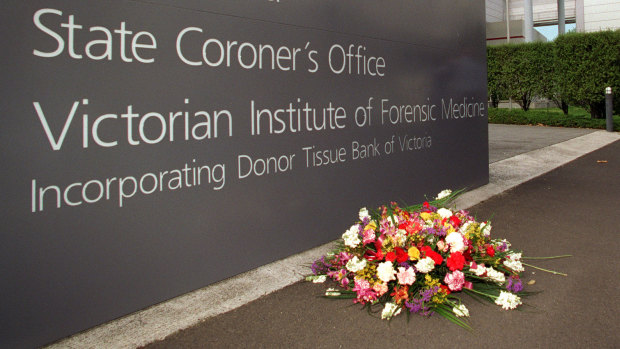 A wreath of flowers at the Coroners Court, laid during a previous coronial inquiry. 