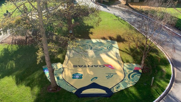 Impressive: A view of the oversized Wallabies Indigenous jersey from the team's hotel.