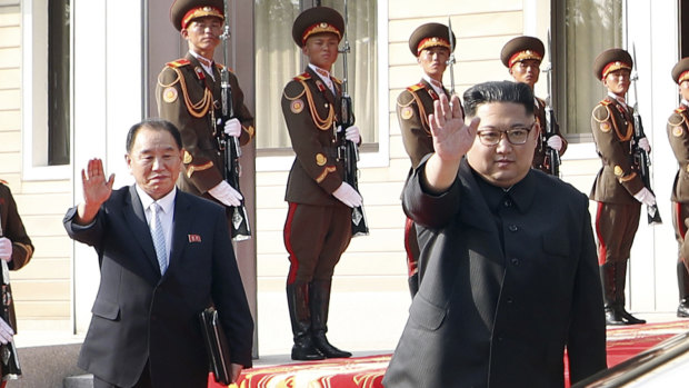 North Korean leader Kim Jong Un, right, with Kim Yong Chol.