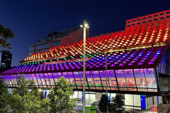 PHIVE, Parramatta’s council and library building, has been lit up regularly since its opening late last year, including for WorldPride.