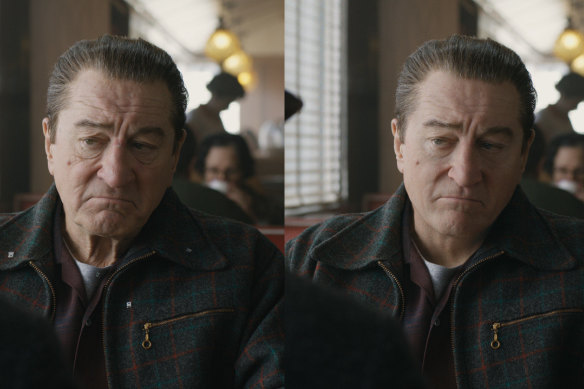 In The Irishman, Robert De Niro (at left) gets a digital “facelift” to play his character as a much younger man (at right).