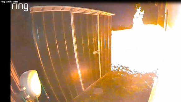 A ring camera at the Dover Street house captured the moment the house is engulfed, before two men, one carrying what appears to be a jerry can, fled the scene.