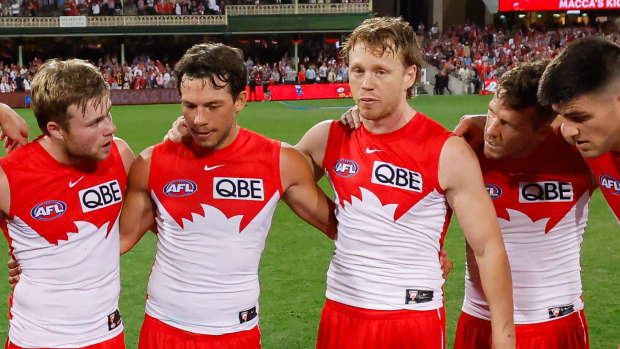 Callum Mills addresses his teammates prior to their clash with GWS.