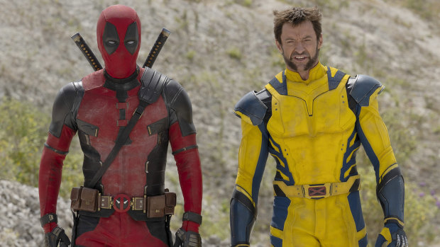 Ryan Reynolds as Deadpool/Wade Wilson and Hugh Jackman as Wolverine/Logan in the slapsticky Deadpool & Wolverine.