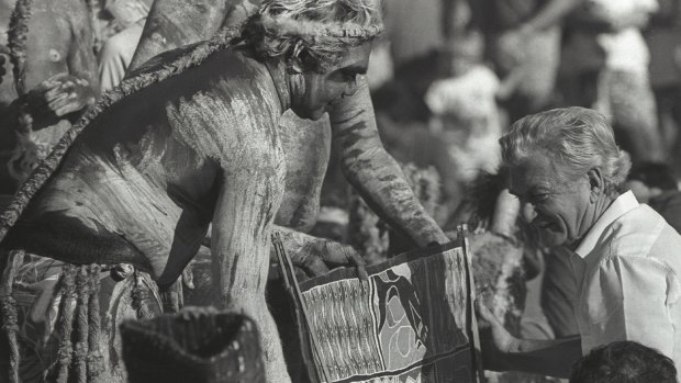 Prime minister Bob Hawke receives the Barunga statement from Galarrwuy Yunupingu in 1988.