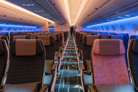 The stylish economy cabin on board China Airlines’ A350-900.