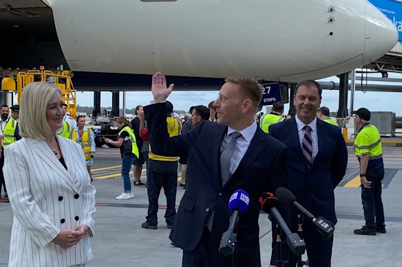 Melbourne Airport CEO Lorie Argus, Delta Airlines Asia-Pacific chief Jeff Moomaw and Victorian Industry Minister Colin Brooks (right) after Delta landed its first flight from Los Angeles to Melbourne in December.