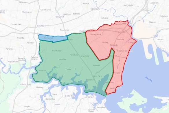 Under the proposed boundary adjustment, Georges River (green) would have taken all of the former Rockdale Council (red) and a sliver of Canterbury-Bankstown (blue).
