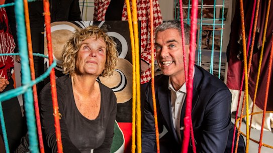 Artist Bronwyn Vaughn with Arts Minister John Graham at the National Arts School.