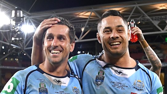 Jarryd Hayne and Mitchell Pearce pictured in May 2017.