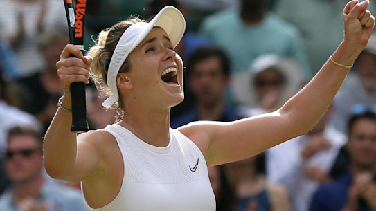 Ukraine's Elina Svitolina celebrates defeating Karolina Muchova.