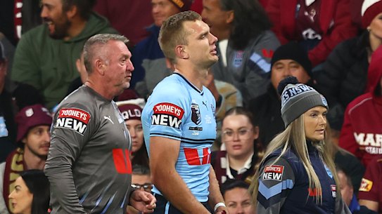 Tom Trbojevic leaves the field at Suncorp Stadium.