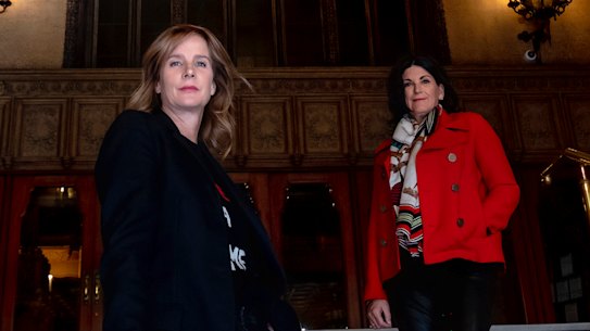 The cinema is closed, but the show will go on: MIFF ambassador Rachel Griffiths, left, and donor Susie Montague outside the Regent Theatre, home of many an opening night gala in the past.