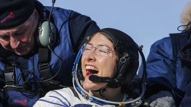 US astronaut Christina Koch reacts shortly after the landing of the Russian Soyuz MS-13 space capsule about 150km south-east of the Kazakh town of Zhezkazgan, Kazakhstan.