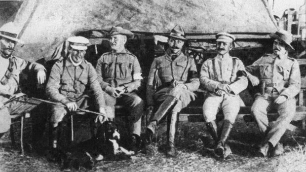 An undated photo shows  officers involved in the Breaker Morant case: left to right: Lieutenant Handcock, Lieutenant Morant, Surgeon Johnson, Captains Hunt, Taylor and Picton. 