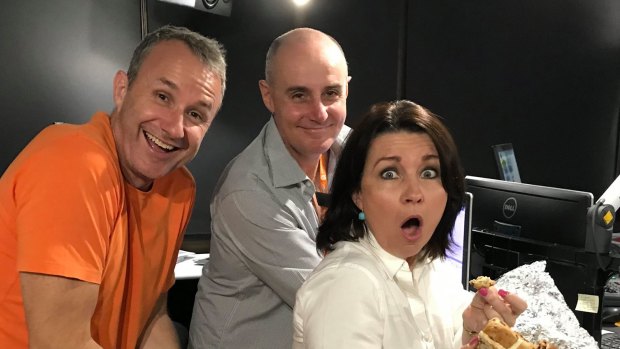 The former 4KQ breakfast team, Mark Hine (left), Gary Clare and Laurel Edwards.