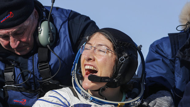 US astronaut Christina Koch reacts shortly after the landing of the Russian Soyuz MS-13 space capsule about 150km south-east of the Kazakh town of Zhezkazgan, Kazakhstan.