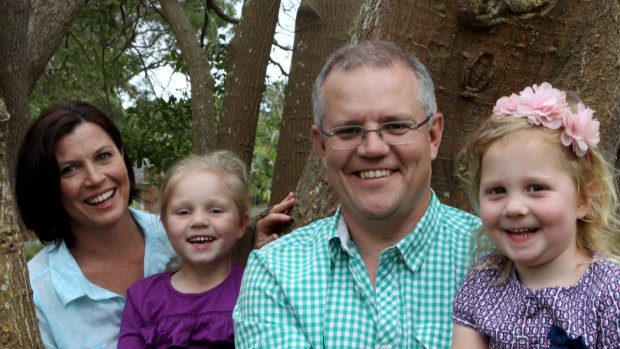 Prime Minister Scott Morrison and his family, wife Jenny and daughters Abbey and Lily, celebrating his win. 