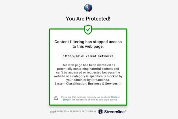 When members of the Plymouth Brethren Christian Church try to access Lindy Jacomb’s Olive Leaf Network website they are blocked by Streamline3, the bespoke Brethren device surveillance software.