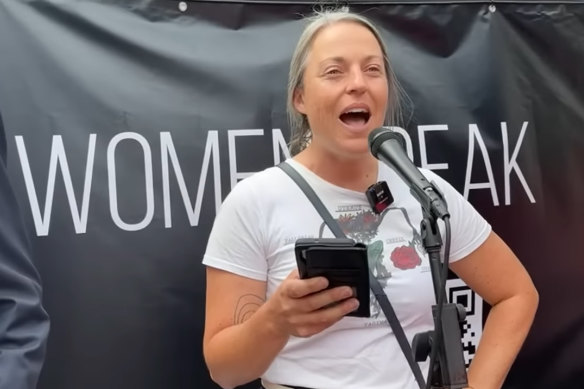 Holly Lawford-Smith addresses the Let Women Speak Rally on March 18.